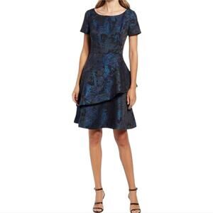 Shani Two Tiered Jacquard Blue and Black Party Formal Cocktail Dress Plus 16 New